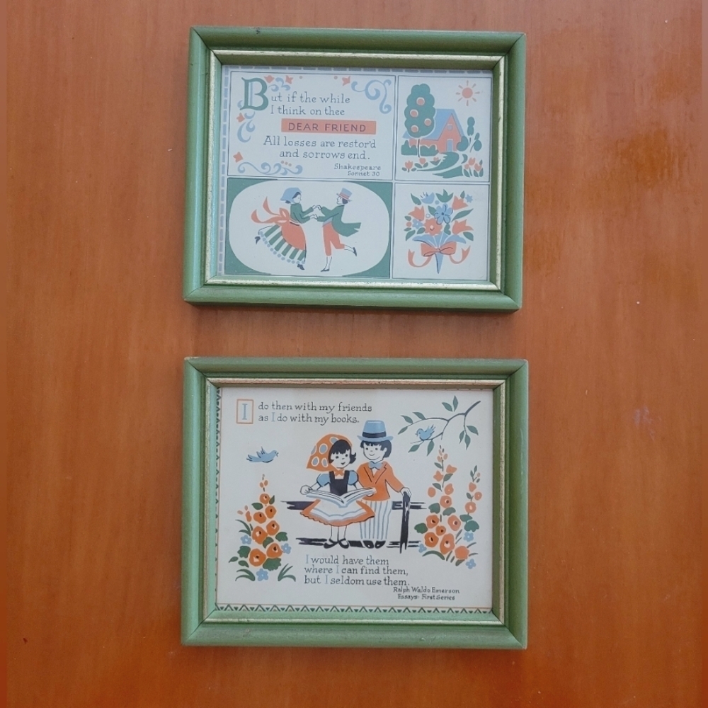 Vintage Framed Literary‎ Art Prints Set 2 Shakespeare Emerson Green Wood Frames